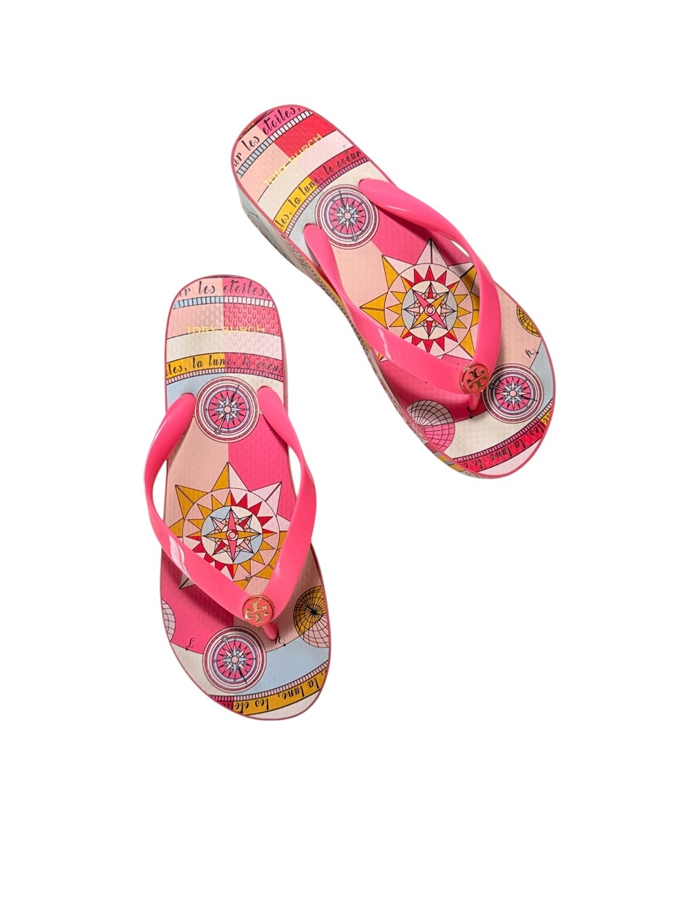 Tory Burch Valentina Flip Flops Pink Compass Print Logo Sandals - Picture 5 of 6